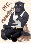  anthro belt black_fur chirenbo clothing cup disney driver feline fur gear green_eyes hi_res jaguar male mammal mr._manchas pants shirt sitting solo vest whiskers zootopia 