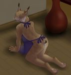  4_toes akuji(artist) anthro apron butt clothing detailed_background feline green_eyes hi_res hindpaw inside kneeling looking_back lynx male mammal open_mouth pawpads paws pinup pose sharp_teeth short_tail solo teeth toes werer-stritchy whiskers 