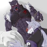  abs akuann anthro balls blush canine clothed clothing erection feline fenrir_(shining_blade) male male/male mammal muscular pants_down partially_clothed pecs penis shining_(series) shining_force simple_background video_games white_background wolf 