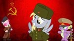  blonde_hair clothing derpy_hooves_(mlp) dragon earth_pony equine female feral friendship_is_magic fur grey_fur gun hair hammer_and_sickle hat hi_res horse male mammal my_little_pony pegasus pink_hair pinkie_pie_(mlp) pony ranged_weapon russia russian scalie soviet_union spike_(mlp) weapon wings 