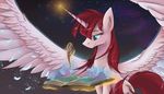  2015 absurd_res ardail big_wings book cutie_mark equine feathered_wings feathers female feral friendship_is_magic glowing hair hi_res horn inner_ear_fluff lauren_faust levitation long_hair magic mammal my_little_pony pen red_hair sitting smile solo space spread_wings star winged_unicorn wings 