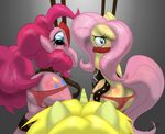  2015 animal_genitalia animal_pussy anus bdsm blue_eyes blush bondage bound clothing crying cutie_mark earth_pony equine equine_pussy feathered_wings feathers female fluttershy_(mlp) friendship_is_magic fur gag grey_background group hair hi_res horn horse looking_at_viewer mammal miniferu my_little_pony panties pegasus pink_fur pink_hair pinkie_pie_(mlp) pony pussy pussy_juice rope simple_background spreader_bar tears underwear unicorn unknown_character wings yellow_feathers yellow_fur 