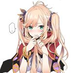  1girl :&lt; alternate_hairstyle blonde_hair blush bracelet clarisse_(granblue_fantasy) commentary_request granblue_fantasy green_eyes hair_ribbon jewelry long_hair looking_at_viewer ribbon simple_background solo spoken_ellipsis tajima_ryuushi twintails white_background 