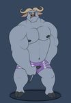  2016 animated anthro biceps big_muscles black_nipples blue_background bovine buffalo bulge chief_bogo clothed clothing dancing digital_media_(artwork) disney front_view hooves horn looking_at_viewer male mammal muscular nipples pecs rheobear shorts simple_background solo topless zootopia zootopia_shorts 