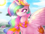  2016 crown cutie_mark equine feathered_wings feathers female feral friendship_is_magic hair horn jerinov long_hair mammal multicolored_hair my_little_pony outside pink_eyes princess_celestia_(mlp) scarf sky solo spread_wings sun winged_unicorn wings 