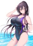  1girl arm_behind_back bangs bare_shoulders black_hair black_swimsuit blush breasts choker cleavage closed_mouth collarbone competition_swimsuit covered_navel hair_between_eyes hand_in_hair high_ponytail highleg highleg_swimsuit highres hip_focus idolmaster idolmaster_shiny_colors large_breasts long_hair looking_at_viewer moo_yoshio one-piece_swimsuit ponytail purple_swimsuit shirase_sakuya smile solo swept_bangs swimsuit thighs two-tone_swimsuit wading water white_background yellow_eyes 