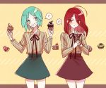  !! ahoge alternate_costume androgynous cake colored_eyelashes contemporary crepe cupcake doughnut eyebrows_visible_through_hair food green_eyes green_hair hair_over_one_eye houseki_no_kuni humanization long_bangs long_hair macaron neck_ribbon phosphophyllite pin_(velika) red_eyes red_hair ribbon shinsha_(houseki_no_kuni) short_hair skirt smile 