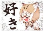  1girl absurdres animal_ears bare_shoulders blonde_hair blood blush bow bowtie brown_hair cat_ears commentary_request elbow_gloves emphasis_lines enk_0822 extra_ears eyebrows_visible_through_hair fang flying_sweatdrops glasses gloves green_eyes headshot heart heart_eyes highres kemono_friends margay_(kemono_friends) margay_print multicolored_hair nosebleed open_mouth short_hair sleeveless solo sweatdrop translation_request white_hair 
