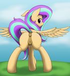  2016 anearbyanimal animal_genitalia animal_pussy anus butt dock equine equine_pussy fan_character feathered_wings feathers female feral hair hi_res long_hair looking_at_viewer looking_back mammal multicolored_hair my_little_pony outside pegasus pussy rear_view solo spread_wings two_tone_hair wings 