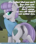  2016 anatomically_correct anatomically_correct_pussy animal_genitalia animal_pussy anus butt clothing cutie_mark dialogue earth_pony english_text equine equine_pussy female feral friendship_is_magic hair half-closed_eyes horse mammal maud_pie_(mlp) my_little_pony outside patreon pony purple_hair pussy solo stradivarius text tree 