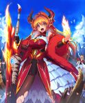  1girl :d annerose_(shingeki_no_bahamut) antenna_hair bare_shoulders breasts cowboy_shot cygames dragon_girl dragon_horns dragon_tail dress earrings eyebrows_visible_through_hair fingernails fire flaming_sword hands_on_hips horns jewelry large_breasts long_hair looking_at_viewer mel/a nail_polish official_art open_mouth orange_eyes orange_hair pointy_ears ribbon shadowverse sharp_fingernails slit_pupils smile solo stairs sword tail teeth thighhighs tongue torn_clothes torn_legwear weapon 
