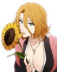  between_breasts bleach blue_eyes breasts cleavage flower hair_between_eyes japanese_clothes jewelry large_breasts looking_at_viewer matsumoto_rangiku mole mole_under_mouth mouth_hold necklace orange_hair short_hair solo sunflower yukin_(es) 