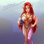  blue_eyes breasts collarbone curvy english forehead freckles hand_on_hip highres jar large_breasts long_hair long_skirt malon milk open_mouth pelvic_curtain plague_of_gripes pointy_ears red_hair sexually_suggestive short_sleeves skirt solo sweat the_legend_of_zelda the_legend_of_zelda:_ocarina_of_time triforce 
