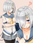  :p absurdres black_legwear blue_eyes blush breasts buttons cleavage demon_tail demon_wings grey_skirt hair_ornament hair_over_one_eye hairclip hamakaze_(kantai_collection) heart highres kantai_collection large_breasts looking_away mini_wings multiple_views neckerchief no_gloves pleated_skirt saku_(kudrove) school_uniform serafuku short_hair silver_hair simple_background skirt tail tongue tongue_out wings yellow_neckwear 