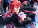  blood blood_on_face bloody_clothes blue_eyes bow breasts chainsaw glasses gloves grin headgear kibanohara_ethica large_breasts long_hair looking_at_viewer red_hair sea_(pixiv7374844) smile solo tokyo_necro upper_body vest 