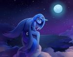  2016 anthro anthrofied blue_eyes blue_hair breasts cutie_mark equine feathered_wings feathers female friendship_is_magic full_moon hair hi_res horn looking_at_viewer looking_back mammal moon my_little_pony nude outside princess_luna_(mlp) sad side_boob sitting solo viwrastupr winged_unicorn wings 