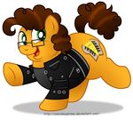  aleximusprime brown_hair cheese_sandwich_(mlp) clothed clothing cutie_mark earth_pony equine eyewear feral friendship_is_magic fur glasses green_eyes hair horse jacket looking_at_viewer male mammal my_little_pony overweight pony simple_background smile underhoof 