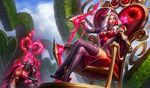  1girl alternate_costume alternate_hairstyle arm_strap armor arrow arrow_through_heart ashe_(league_of_legends) blue_eyes boots bow_(weapon) breasts cleavage crossed_legs drill_hair flower gloves hair_ornament heart heart_hair_ornament heartseeker_ashe helmet high_heel_boots high_heels horned_helmet kneeling league_of_legends lipstick long_hair makeup medium_breasts michelle_hoefener official_art puffy_sleeves red_flower red_lipstick red_rose rose silver_hair sitting thigh_boots thighhighs throne tryndamere weapon 
