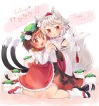  2girls :3 :d animal animal_ear_fluff animal_ears animalization bridal_gauntlets brown_hair cat cat_ears cat_tail chen chen_(cat) commentary_request detached_sleeves fang frilled_skirt frills full_body hand_holding hat highres ibaraki_natou inubashiri_momiji jewelry kneeling mary_janes mob_cap multiple_girls multiple_tails open_mouth orange_eyes red_footwear sandals shirt shoes short_hair single_earring skirt smile socks tabi tail tokin_hat touhou two_tails vest white_hair white_legwear wide_sleeves wolf_ears wolf_tail 
