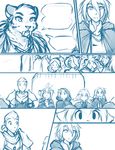  2016 anthro armor basitin cloak clothing comic feline female flora_(twokinds) fur group hair human keidran keiren_(twokinds) keith_keiser male mammal outside ponytail sealeen_(twokinds) simple_background sketch tiger tom_fischbach trace_legacy twokinds webcomic white_background 