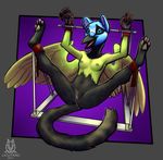  2016 avian bdsm beak black_fur blue_eyes blue_feathers bondage bound breasts clitoris feathers female fur gryphon hi_res nude pussy pussy_juice solo spread_legs spreader_bar spreading wings yellow_feathers zombieme 