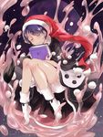  :3 bloomers blue_hair book closed_eyes doremy_sweet dress full_body hat highres holding holding_book liquid nightcap pom_pom_(clothes) smile solo tail tannkobuiwa tapir_tail touhou underwear 