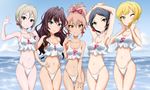  armpits arms_up bangs bikini black_eyes black_hair blonde_hair blue_eyes blush bow breasts brown_eyes brown_hair cleavage crop_top crop_top_overhang earrings green_eyes hair_bow hayami_kanade highres ichinose_shiki idolmaster idolmaster_cinderella_girls idolmaster_cinderella_girls_starlight_stage jewelry jougasaki_mika lipps_(idolmaster) long_hair looking_at_viewer medium_breasts midriff miyamoto_frederica multiple_girls navel one_eye_closed parted_bangs pink_hair shiomi_shuuko short_hair small_breasts smile swimsuit thigh_gap vzmk2 yellow_eyes 