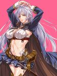  arms_up bag bangs belt belt_pouch between_breasts blue_skirt braid breasts buckle cape cleavage covered_nipples cowboy_shot eyelashes granblue_fantasy hayama_kazusa highres large_breasts long_hair long_sleeves looking_at_viewer midriff miniskirt navel parted_lips pink_background pink_lips pleated_skirt pouch ringed_eyes silva_(granblue_fantasy) silver_hair simple_background skirt solo stomach sword toned underbust very_long_hair weapon yellow_eyes 