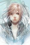 1girl artist_name asymmetrical_hair blue_eyes breasts cleavage commentary crystal english_commentary expressionless final_fantasy final_fantasy_xiii hair_over_one_eye highres lightning_farron looking_at_viewer medium_hair nikusenpai open_collar pink_hair revision solo transformation unzipped upper_body white_background zipper 