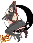  1koma agawa_ryou ass backless_outfit bare_back bayonetta bayonetta_(character) breasts chair comic glasses high_heels large_breasts lips long_hair looking_at_viewer looking_back mole mole_under_mouth moon parted_lips sitting smile solo 