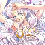  armpits arms_up bishoujo_senshi_sailor_moon blue_eyes crescent double_bun earrings facial_mark forehead_mark jewelry long_hair looking_at_viewer neo_queen_serenity solo tomomiya tsukino_usagi twintails upper_body white_hair 