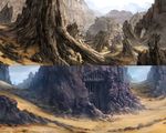 4boys arch blue_sky canyon cliff concept_art dated day desert final_fantasy final_fantasy_xii fog from_behind mountain multiple_boys official_art outdoors pillar rock ruins sand scenery sky split_screen standing temple uniform wide_shot 