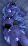  2016 absurd_res anthro anthrofied bed blue_eyes blue_hair blush bra bracelet clothed clothing crown cutie_mark equine evehly female friendship_is_magic glowing glowing_eyes hair hi_res horn jewelry lying mammal my_little_pony necklace panties piercing princess_luna_(mlp) ring sketch skimpy slit_pupils smile solo sparkles underwear winged_unicorn wings 
