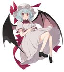  bat_wings belt black_footwear bloomers blue_hair breasts dress full_body hat hat_ribbon hayashi_kewi looking_at_viewer mob_cap puffy_short_sleeves puffy_sleeves red_eyes red_ribbon remilia_scarlet ribbon shoes short_hair short_sleeves simple_background small_breasts solo touhou underwear white_background wings 