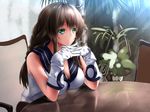  bangs blush braid breasts brown_hair chair gloves green_eyes hands_clasped interlocked_fingers kantai_collection large_breasts long_hair midoriiro_no_shinzou noshiro_(kantai_collection) own_hands_together plant school_uniform serafuku sitting solo swept_bangs table upper_body white_gloves 