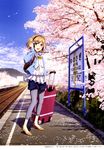  blue_shorts brown_eyes brown_hair cherry_blossoms day hair_ornament hanasaku_iroha headphones highres imageboard_sample jpeg_artifacts looking_at_viewer matsumae_ohana official_art outdoors petals railroad_tracks sekiguchi_kanami short_hair shorts smile solo train_station tree wavy_hair 