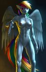  2016 anthro anthrofied areola blue_skin breasts cutie_mark dog_tags equine feathered_wings feathers female friendship_is_magic gun hair hi_res holding_object holding_weapon looking_at_viewer mammal multicolored_hair multicolored_tail murskme my_little_pony navel nipples nude pegasus pussy rainbow_dash_(mlp) rainbow_hair rainbow_tail ranged_weapon solo weapon wings 