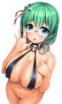  bikini_top blue_eyes bottomless breasts celia_(sennen_sensou_aigis) cleavage collar covered_nipples cowboy_shot glasses green_hair lambda_(kusowarota) large_breasts looking_at_viewer navel open_mouth sennen_sensou_aigis skull solo 