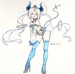  blue_bow blue_eyes blue_legwear bow brooch crown detached_sleeves elsword high_heels horns jewelry leotard long_hair luciela_r._sourcream noblesse_(elsword) pointy_ears simple_background solo tail thighhighs twintails white_background white_hair 