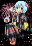  blue_eyes blue_hair blush fireworks fish flat_chest full_body_tattoo irezumi japanese_clothes kimono koi loli seiji_(artist) tattoo 