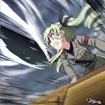  action anchovy anzio_military_uniform arm_support artist_name belt black_shirt bullet_trail carro_armato_p40 commentary_request dress_shirt drill_hair girls_und_panzer green_hair grey_jacket grimace ground_vehicle h-new hair_ribbon jacket long_hair long_sleeves military military_uniform military_vehicle motion_blur motor_vehicle necktie pants ribbon shirt shoulder_belt signature solo tank tank_shell twin_drills twintails uniform 
