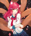  :p academy_ahri ahri animal_ears aran_sweater breast_hold breasts crossed_arms facial_mark fox_ears fox_tail hair_ornament hairclip heart heart_hair_ornament highres large_breasts league_of_legends long_hair looking_at_viewer moochirin multiple_tails plaid plaid_skirt red_hair skirt slit_pupils solo sweater tail tongue tongue_out whisker_markings yellow_eyes 