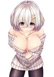  bare_shoulders blue_eyes blush breasts cleavage cowboy_shot eyebrows eyebrows_visible_through_hair eyes_visible_through_hair hair_ornament hair_over_one_eye hairclip hamakaze_(kantai_collection) kantai_collection large_breasts long_sleeves pantyhose re:ia ribbed_sweater short_hair silver_hair simple_background solo sweater white_background 