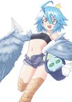  ahoge animal animal_on_head bandeau bird bird_on_head blue_hair blue_skin blue_wings breasts brown_eyes bucket chick eyebrows eyebrows_visible_through_hair feathered_wings feathers goo_girl green_eyes hair_between_eyes harpy in_bucket in_container monster_girl monster_musume_no_iru_nichijou multiple_girls navel on_head paper_airplane papi_(monster_musume) ringed_eyes schnee_1_fez short_shorts shorts simple_background small_breasts suu_(monster_musume) white_background wings 
