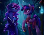  2016 blue_eyes blue_hair clothed clothing dress duo equine eye_contact female feral firefly forest friendship_is_magic hair hair_bun horn japanese japanese_clothing lyra-senpai mammal multicolored_hair my_little_pony night outside princess_luna_(mlp) purple_eyes smile tree twilight_sparkle_(mlp) winged_unicorn wings 