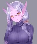  adjusting_eyewear artist_request bespectacled breast_hold breasts glasses head_tilt horn large_breasts league_of_legends long_hair looking_at_viewer pointy_ears purple_skin ribbed_sweater scrunchie silver_hair smile solo soraka source_request sweater yellow_eyes 