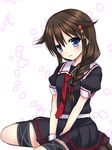  asazuki_kanai black_serafuku black_skirt blue_eyes blush braid brown_hair cherry_blossoms hair_flaps hair_ornament hair_over_shoulder kantai_collection looking_at_viewer neckerchief pleated_skirt red_neckwear remodel_(kantai_collection) school_uniform serafuku shigure_(kantai_collection) short_sleeves simple_background single_braid sitting skirt smile solo twitter_username v_arms wariza 