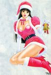  bangs bell belt black_hair boots breasts character_request christmas cleavage earrings g-taste gloves hat highres jewelry large_breasts long_hair looking_at_viewer open_mouth panties red_footwear santa_boots santa_costume santa_hat smile solo underwear yagami_hiroki 