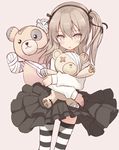  bandages blush boko_(girls_und_panzer) brown_eyes brown_hair girls_und_panzer hair_ribbon hairband long_hair long_sleeves looking_at_viewer open_mouth ribbon shimada_arisu shirt shuuichi_(gothics) skirt solo striped striped_legwear stuffed_animal stuffed_toy teddy_bear twintails 