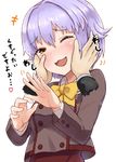  absurdres blush brown_eyes hair_ornament hairclip hands_on_another's_face highres idolmaster idolmaster_cinderella_girls koshimizu_sachiko looking_at_viewer okitsugu open_mouth purple_hair short_hair smile solo_focus translated 